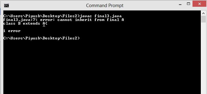 This image describes the output of sample program supporting the concept of final keyword with class.